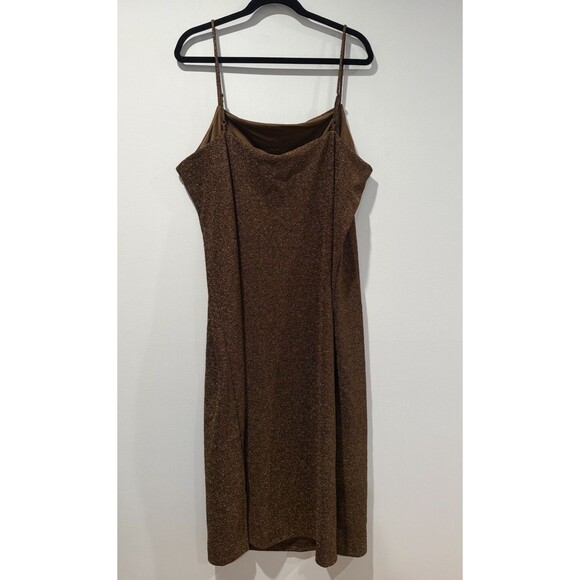NEW H&M Dress Womens XL Brown/Bronze Spaghetti Strap Slit Shimmer Stretch Adjust - Picture 2 of 6
